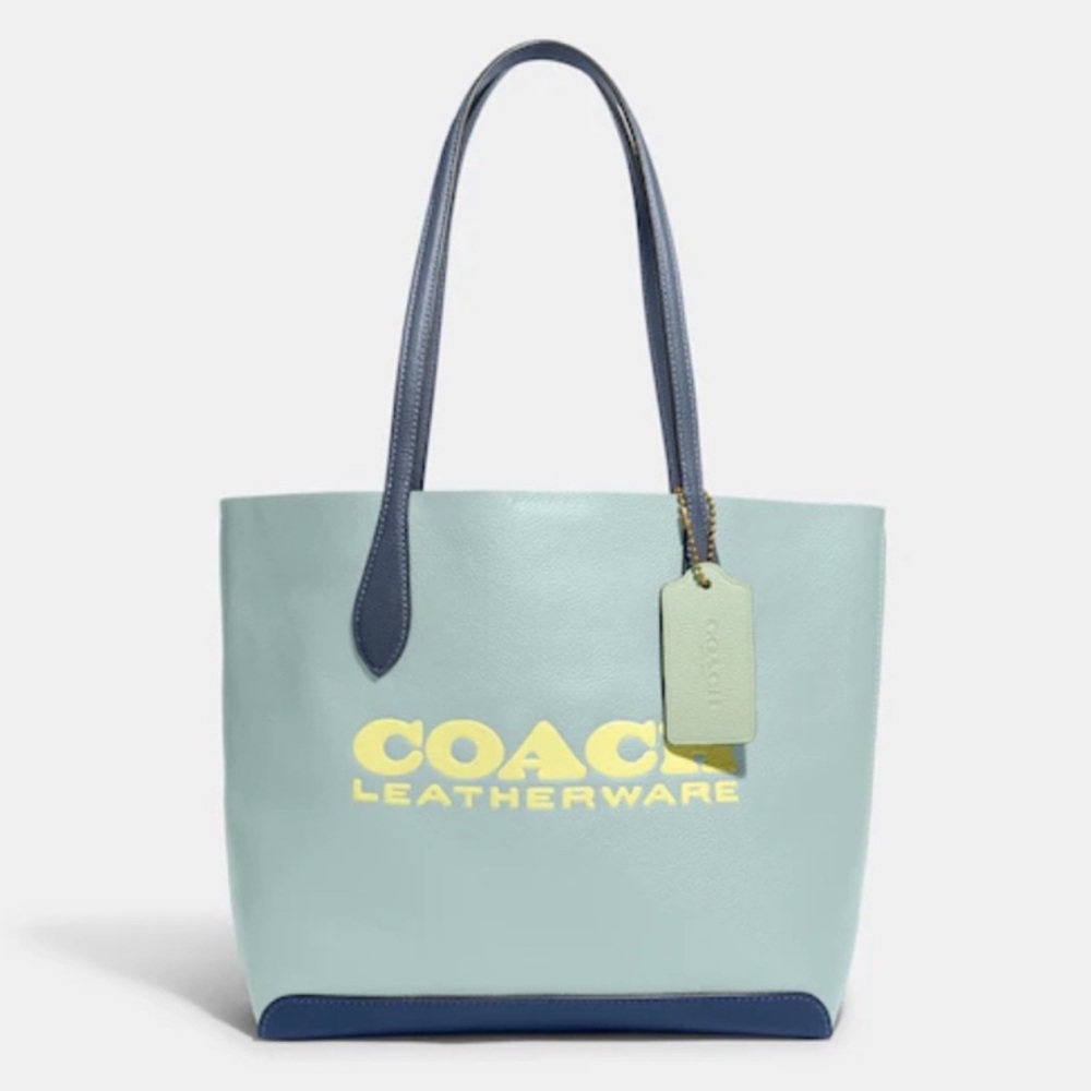 RARE COACH Pebble Leather KIA Tote Bag in Colorblock Graphic~Aqua/Blue/Yellow
